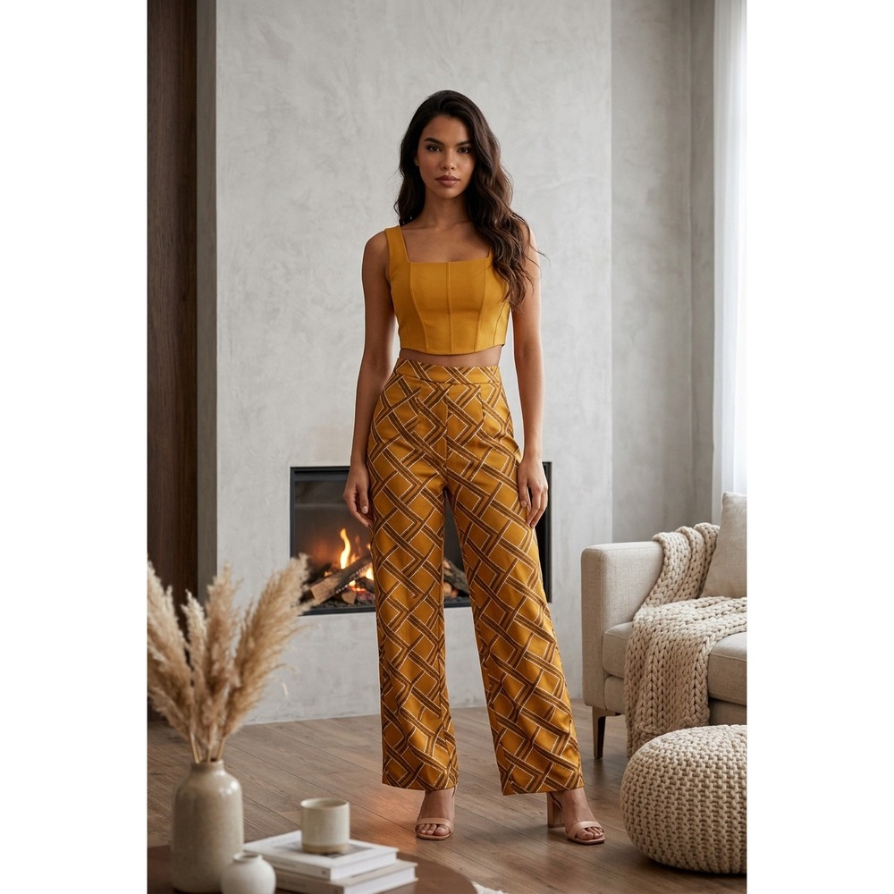 Forever 21 Contemporary Orange Geometric Lattice Wide Leg Flare Pants XS